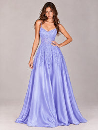 Lace Applique Satin A-Line Prom Dress with Sheer Bodice