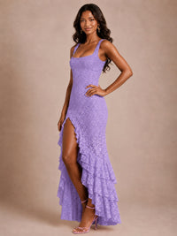 Square-Neck Lace Ruffle High-Low Maxi Dress
