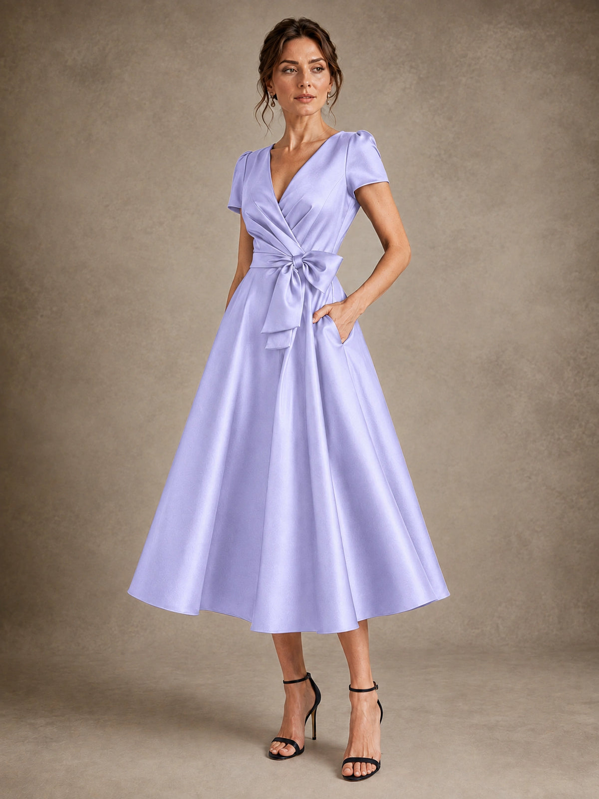 V-Neck Tea-Length Satin Mother of the Bride Dress with Bow