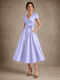 V-Neck Tea-Length Satin Mother of the Bride Dress with Bow