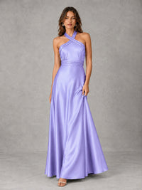 Sage Green Satin A-Line Bridesmaid Dress with Halter Neck