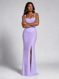 Sequin Corset Mermaid Prom Dress with Square Neck Wide Strap High Slit