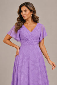 Jovellee Floral Chiffon A-Line Mother of the Bride Dress with Flutter Sleeves