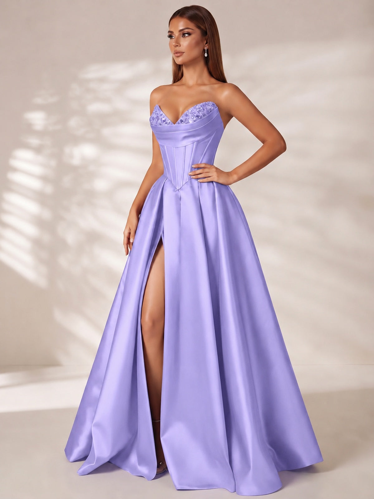 Strapless Corset Satin Prom Dress Long Evening Gown with High Slit