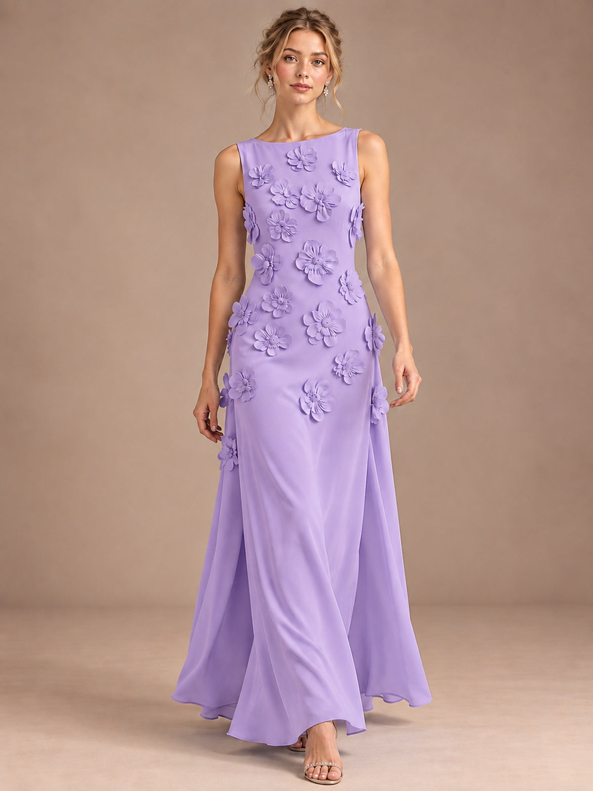 3D Floral Applique Sleeveless Formal Maxi Dress