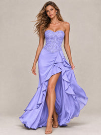 Strapless Lace Appliques Corset Satin Prom Dress Ruffle Slit Evening Gown
