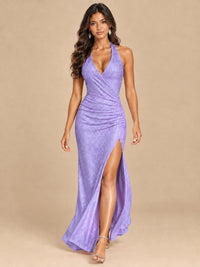 Halter V-Neck Sequin Mermaid Prom Dress with High Slit