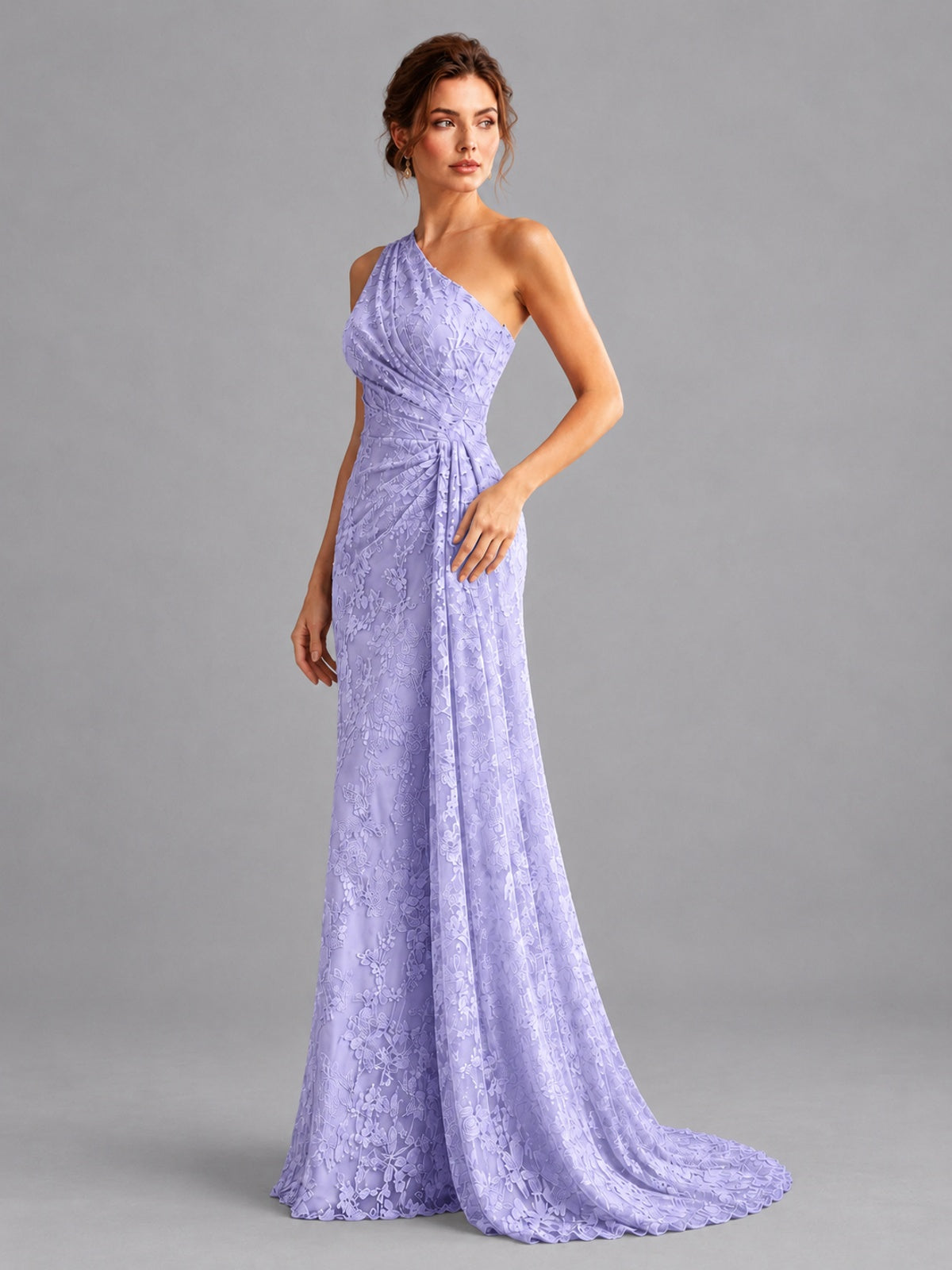 One-Shoulder Ruched Floral Lace Floor-Length Prom Dress