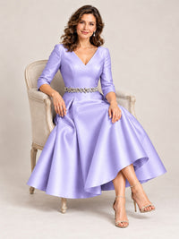 V-Neck Tea-Length Mother of the Bride Dress with Embellished Waist