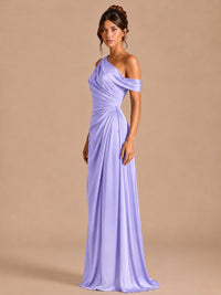 Satin One Shoulder Prom Dress Ruched Long Formal Evening Gown