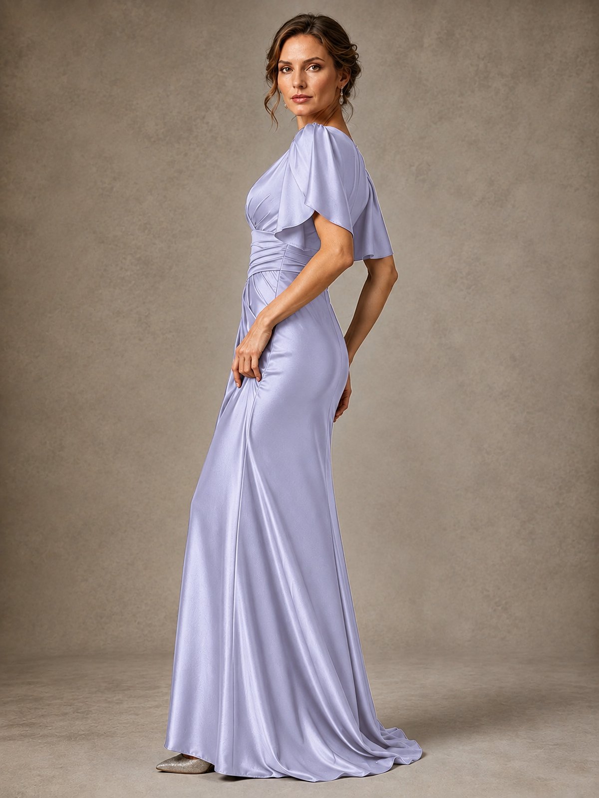 V-Neck Satin Mother of the Bride Dress with Flutter Sleeves