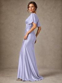 V-Neck Satin Mother of the Bride Dress with Flutter Sleeves