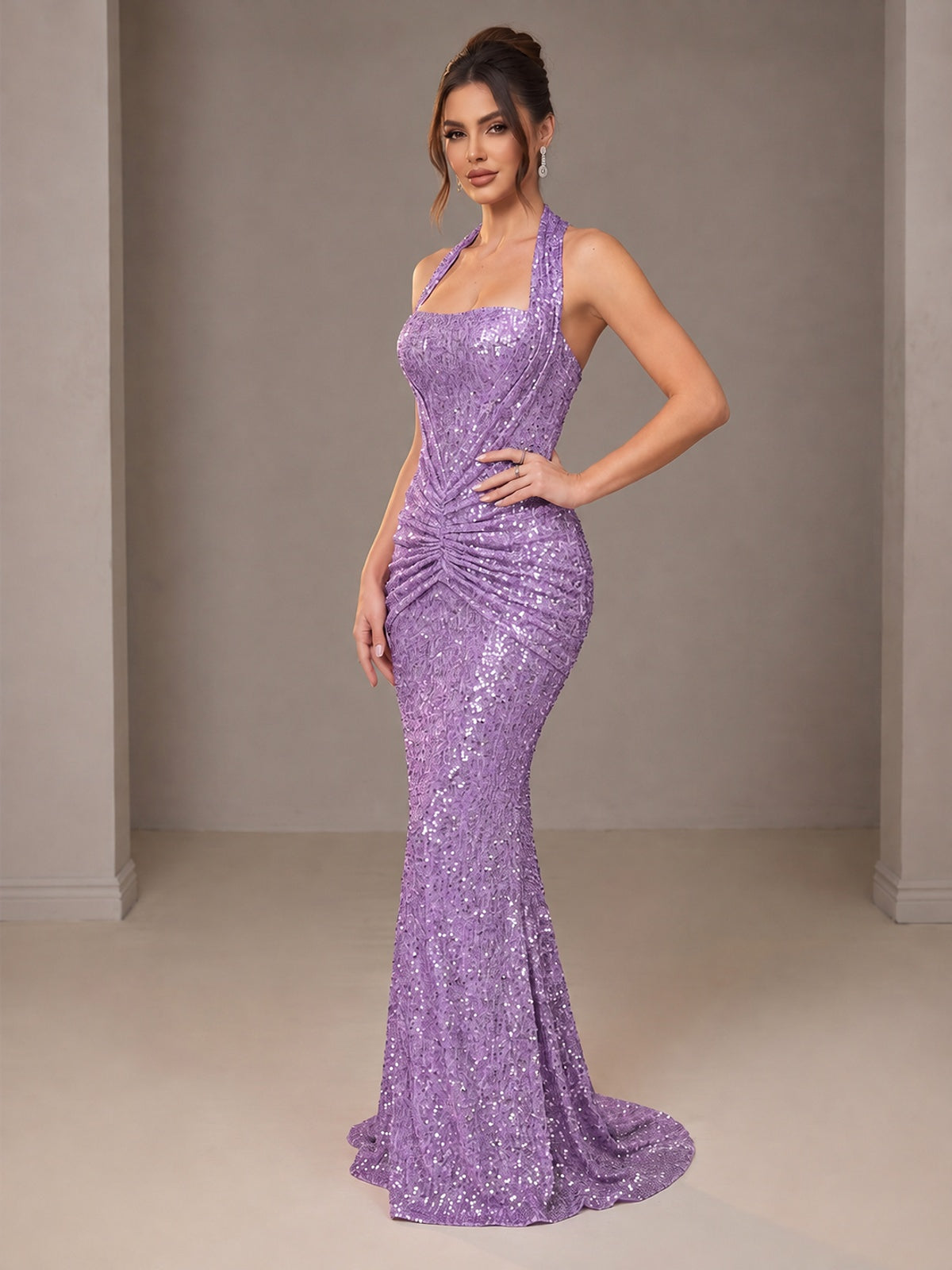 Gold Halter Sequin Mermaid Ruched Prom Dress Long Ruched Evening Gown