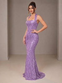 Gold Halter Sequin Mermaid Ruched Prom Dress Long Ruched Evening Gown