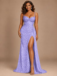 Burgundy Sequin Corset Prom Dress with High Slit
