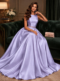 Satin A-Line Prom Dress Sleeveless Beaded Waist Formal Gown with Pockets