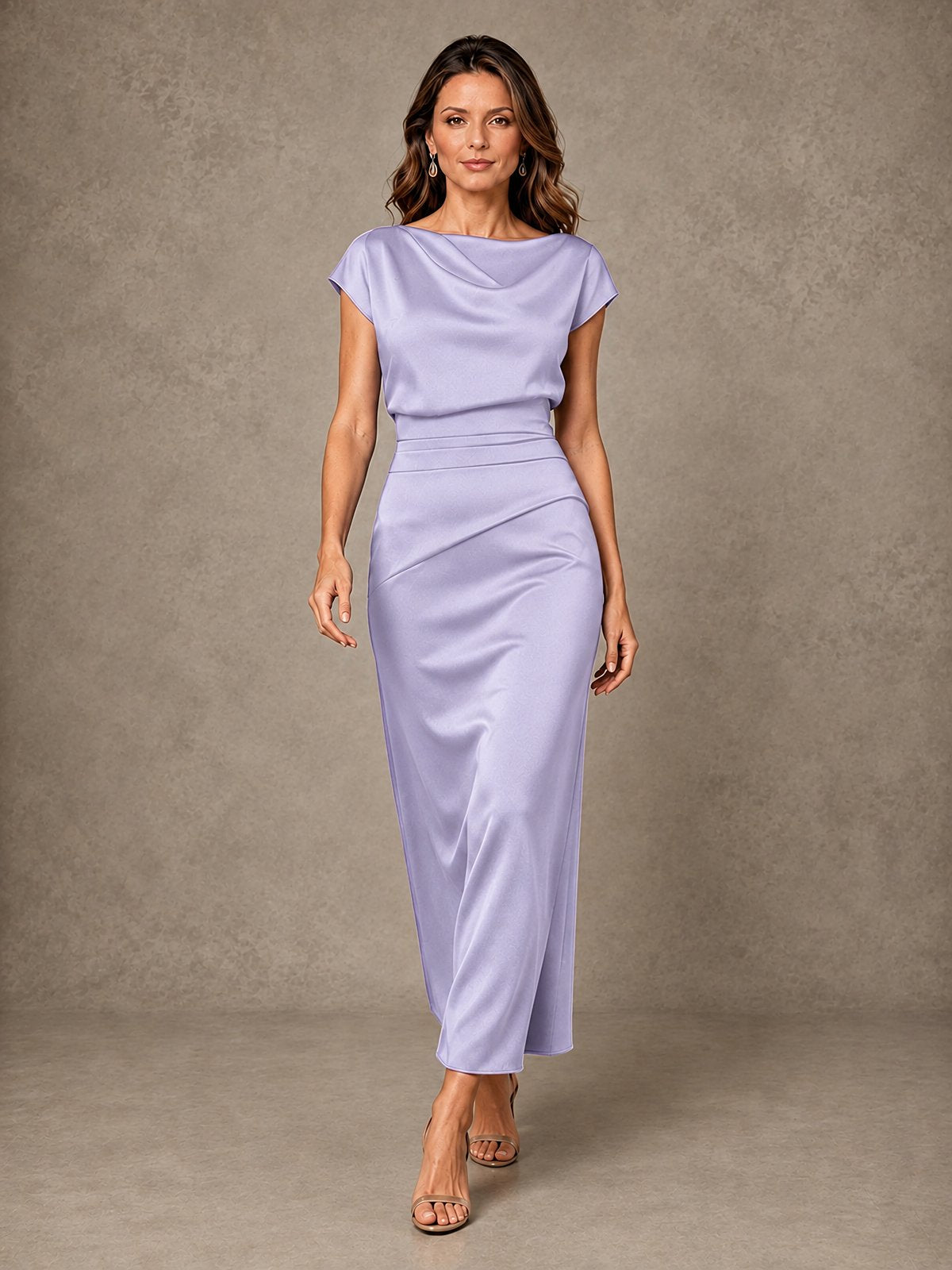 Cowl Neck Satin Mother of the Bride Dress with Ruched Waist