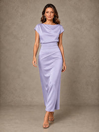 Cowl Neck Satin Mother of the Bride Dress with Ruched Waist