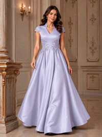 Lace Appliqué A-Line Satin Maxi Dress