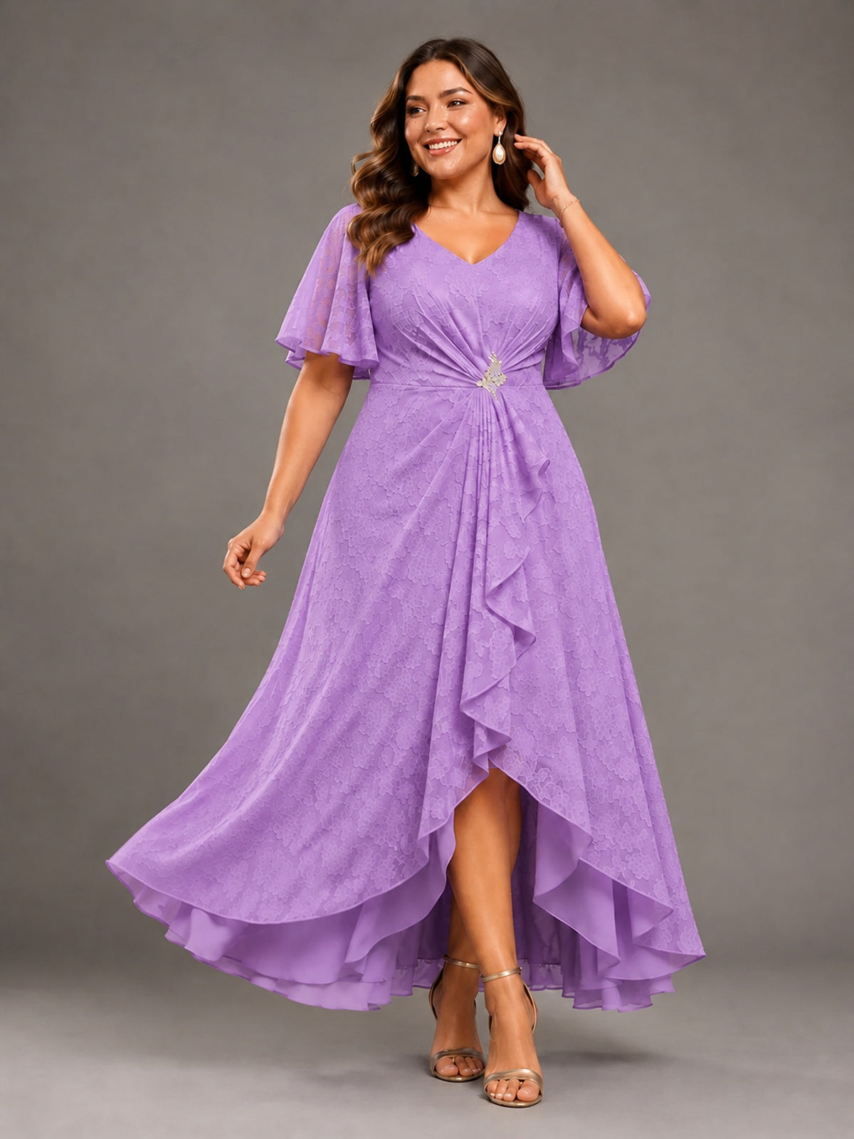 Jacquard Chiffon A-Line V-Neck High-Low Mother of the Bride Dress
