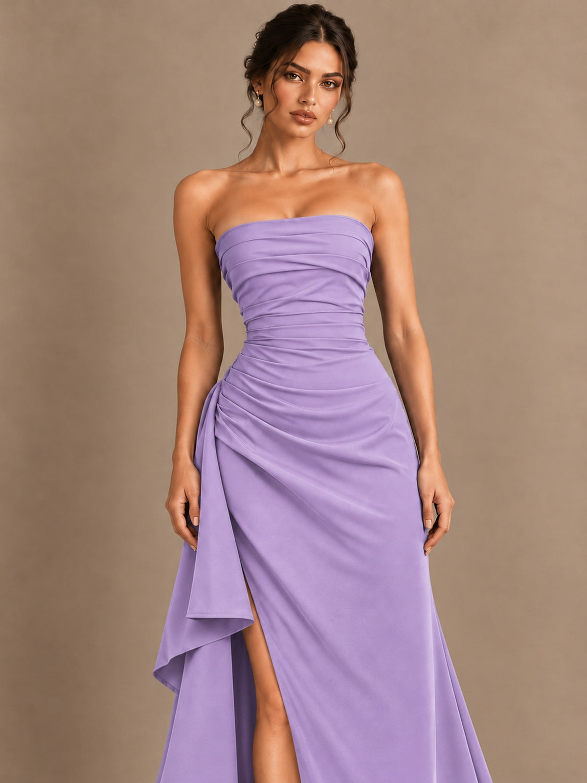 Black and White Strapless Ruched Prom Dress with High Slit & Side Drape