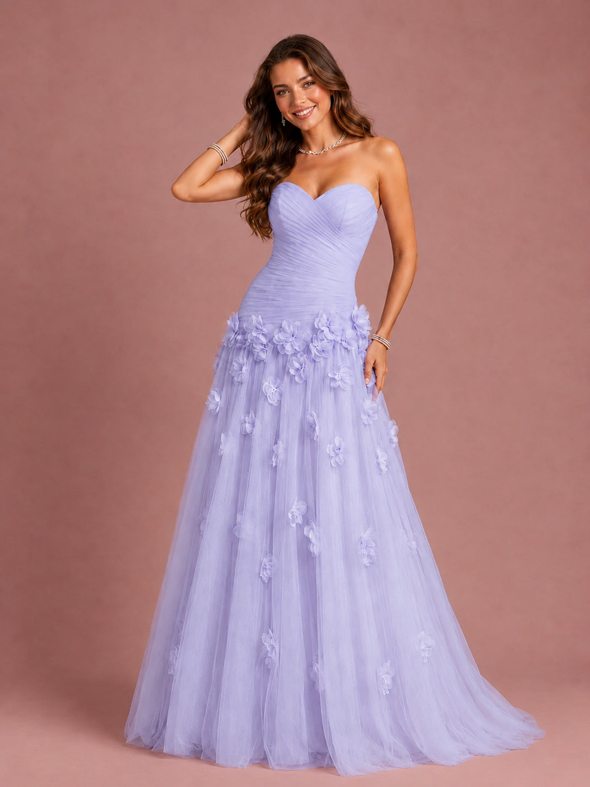 Blush Pink Strapless Sweetheart 3D Floral Tulle Ball Gown Prom Dres