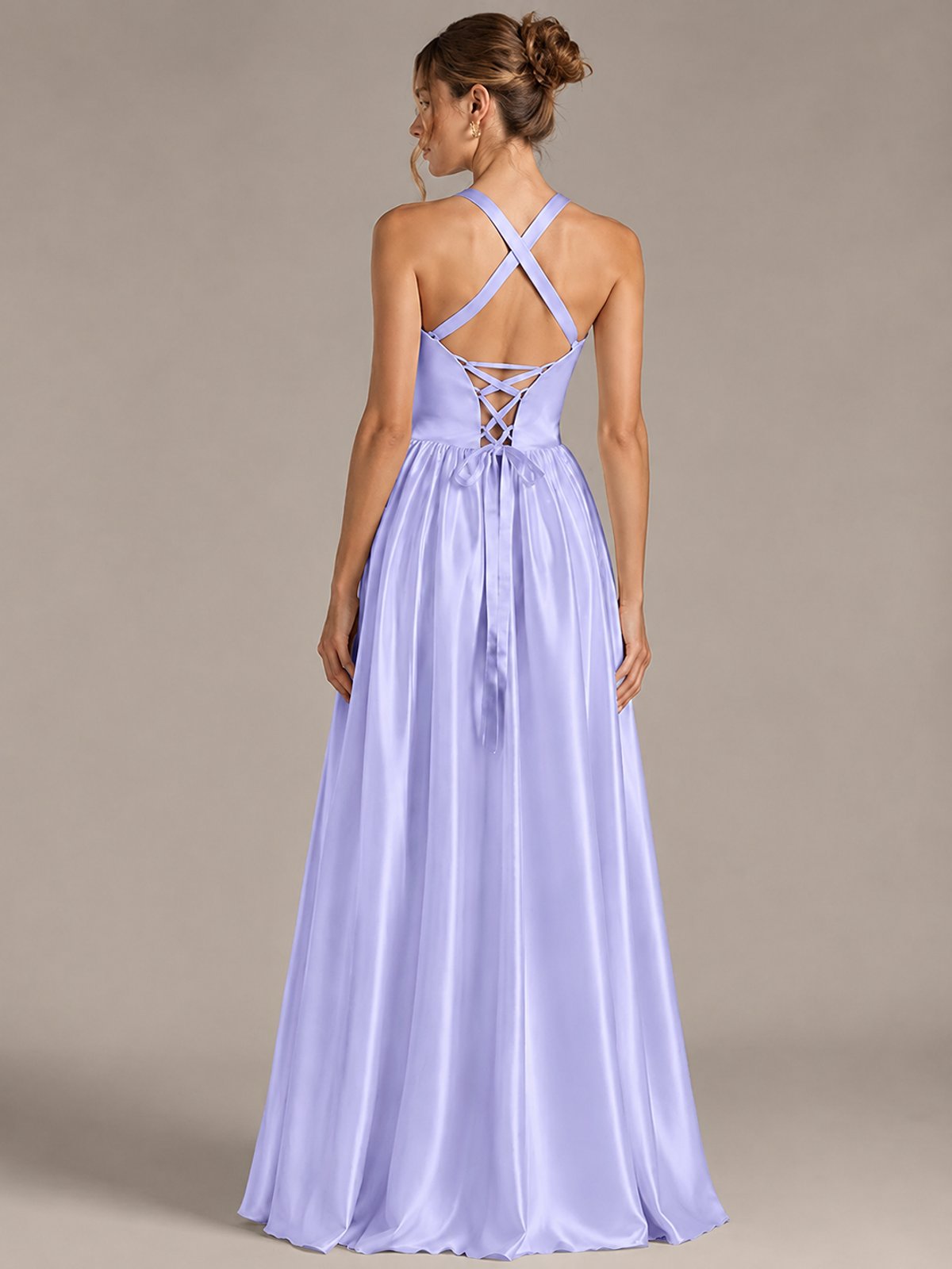 Light Yellow Halter Neck Satin A-Line Maxi Dress with Pockets