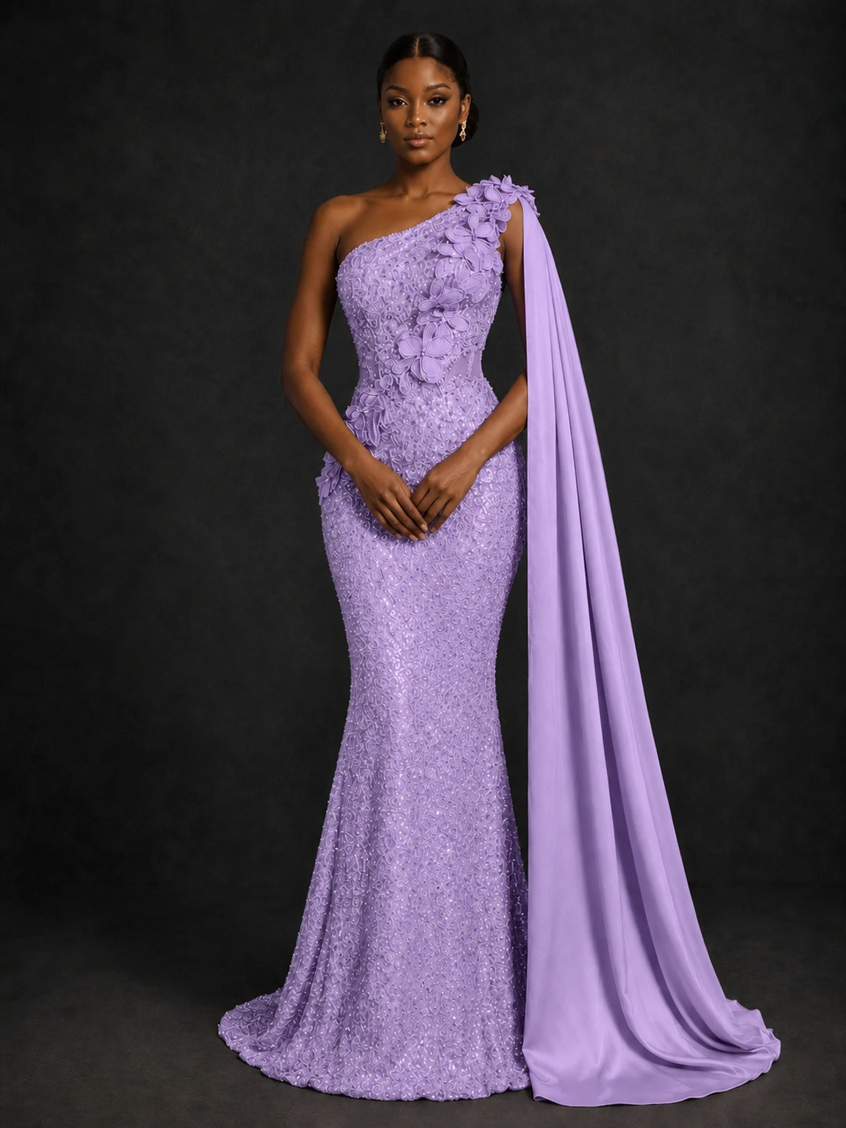 Gold Sequin One Shoulder Mermaid Prom Dress with Cape