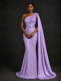 Gold Sequin One Shoulder Mermaid Prom Dress with Cape