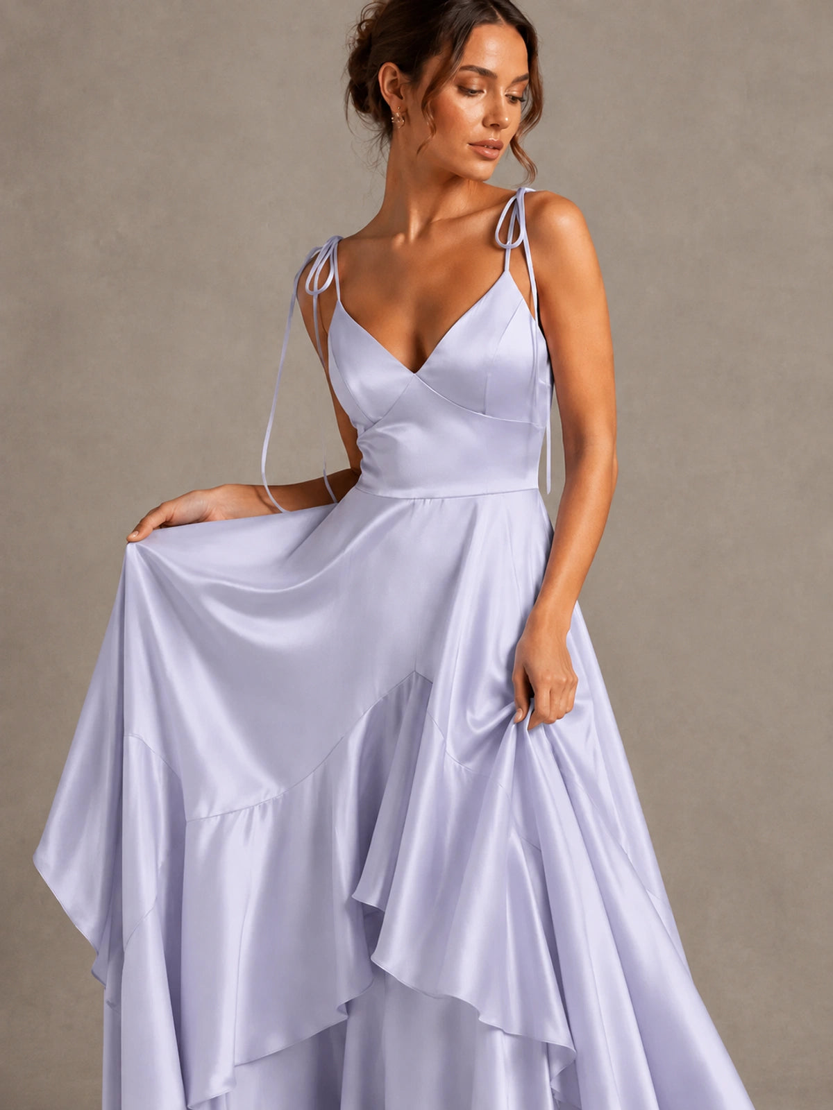 Lavender Satin V-Neck Ruffle Maxi Dress