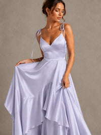 Lavender Satin V-Neck Ruffle Maxi Dress