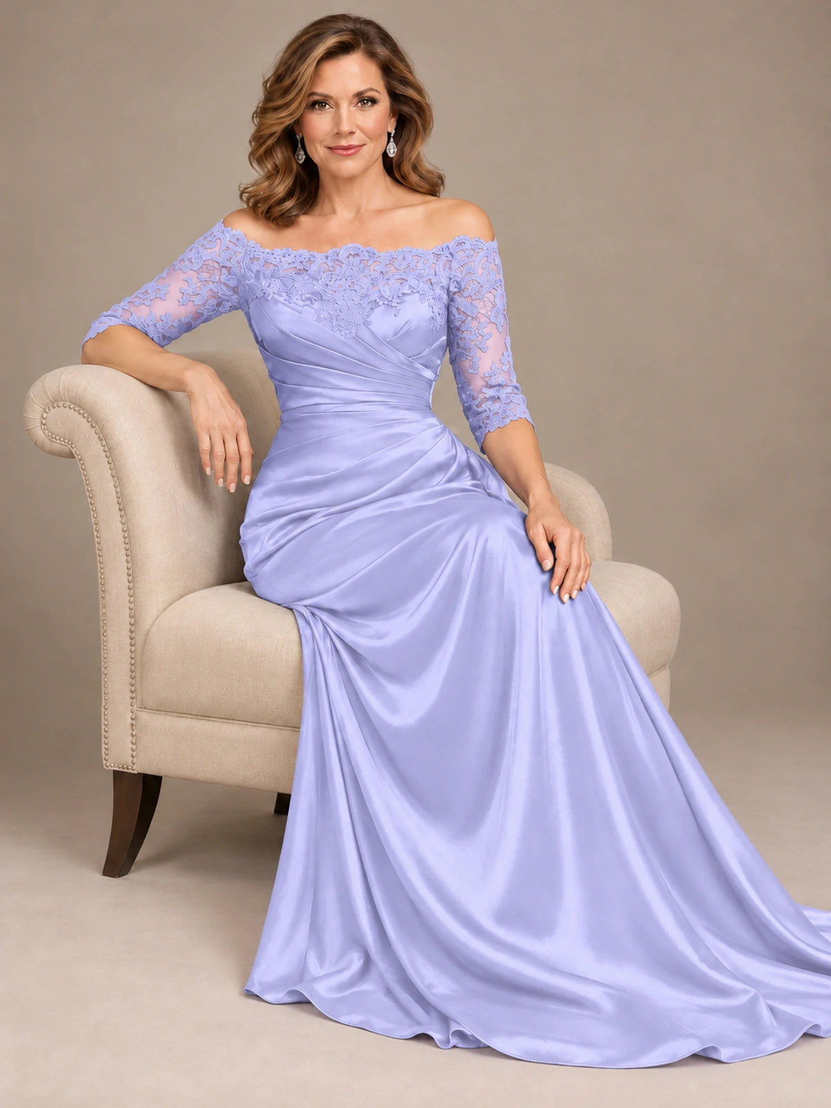 Satin Mother of the Bride Dress with Lace Sleeves Off Shoulder Formal Gown
