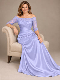 Satin Mother of the Bride Dress with Lace Sleeves Off Shoulder Formal Gown