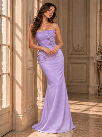 White Strapless Mermaid Maxi Dress with 3D Floral Appliques