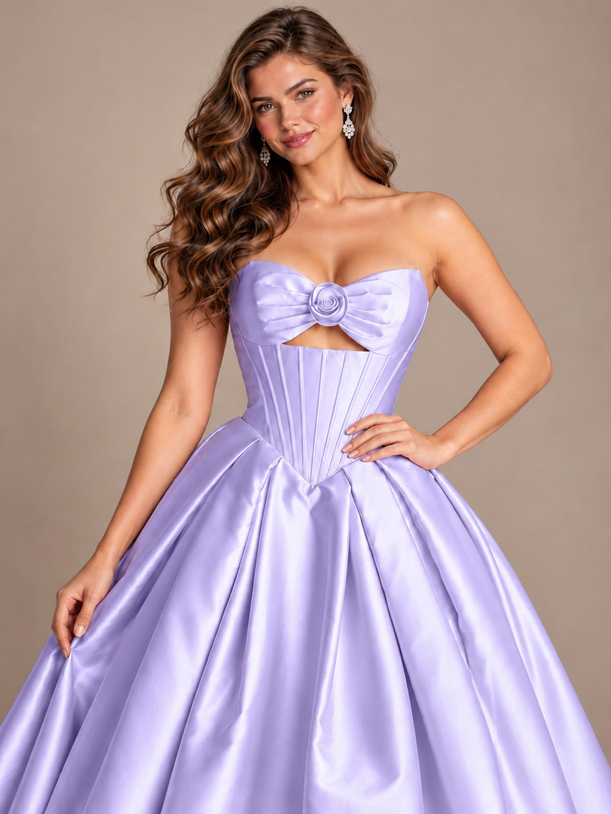 Pink Strapless Corset Satin Prom Derss & Ball Gown with 3D Floral