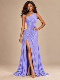 Burgundy One Shoulder Ruched Prom Dress with High Slit & Beaded Waist