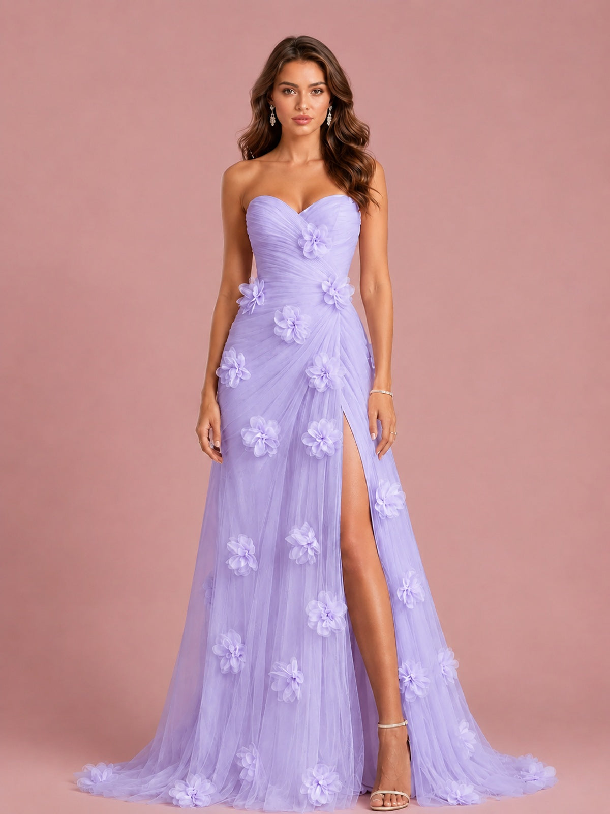 3D Floral Applique Strapless Tulle Prom Dress with High Slit