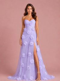 3D Floral Applique Strapless Tulle Prom Dress with High Slit