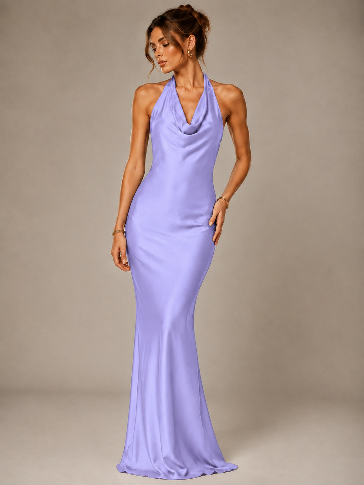 Olive Green Halter Satin Mermaid Maxi Dress
