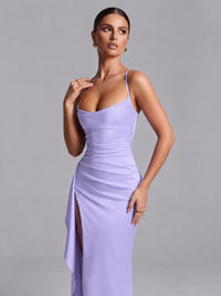 Square Neck Satin Long Prom Dress with Ruffles