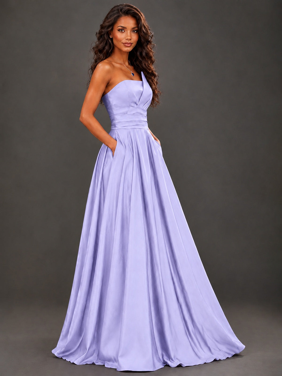 Draped Satin Prom Dress Strapless A-line Formal Dress Floor Length