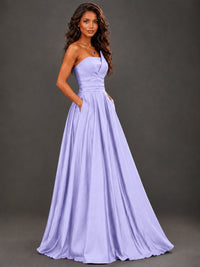 Draped Satin Prom Dress Strapless A-line Formal Dress Floor Length