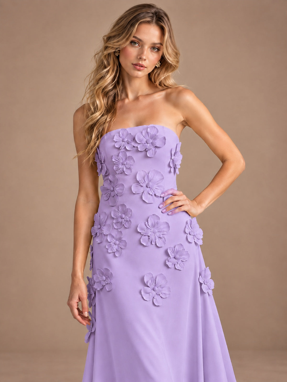 Yellow Strapless A-line Satin Maxi Dress with 3D Floral