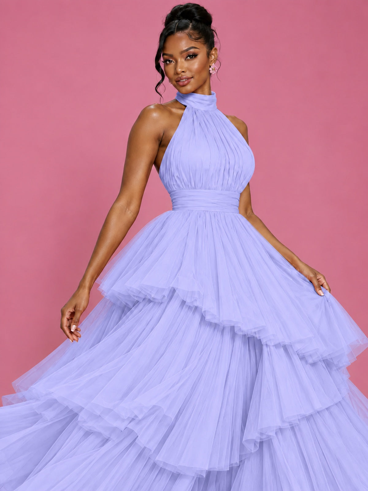 Hot Pink Tulle Halter Neck Tiered Ruffle Maxi Dress