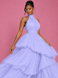 Hot Pink Tulle Halter Neck Tiered Ruffle Maxi Dress