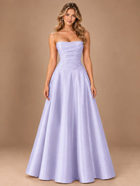 Blush Pink Strapless Satin A-Line Prom Dress with Ruched Bodice