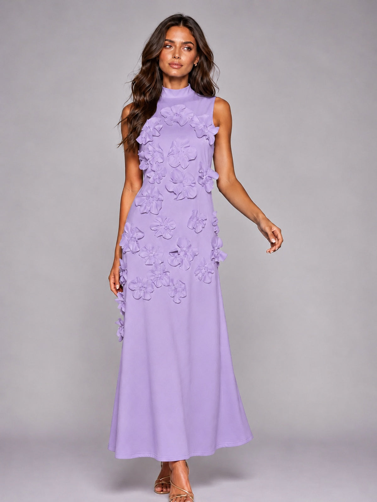3D Floral Applique High Neck Prom Maxi Dress