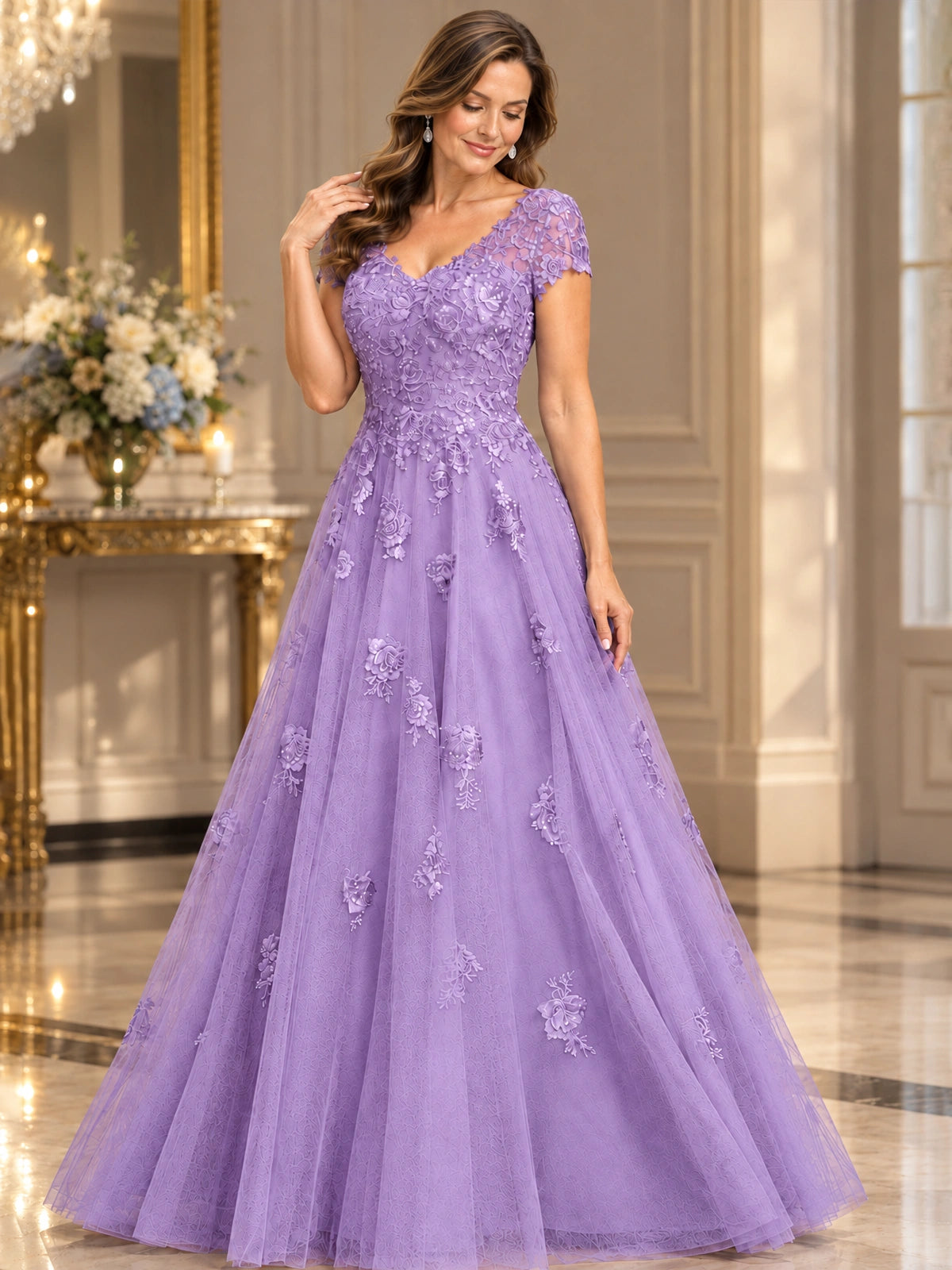 Lace Appliques A-line Mother of The Bride Dresses with Short Sleeves