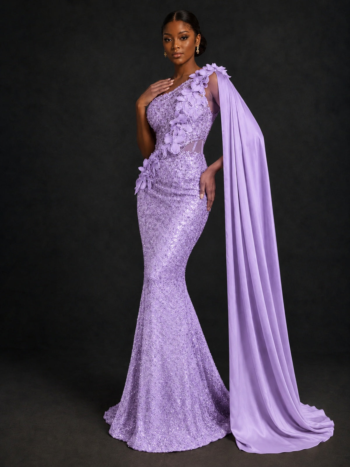 Gold Sequin One Shoulder Mermaid Prom Dress with Cape