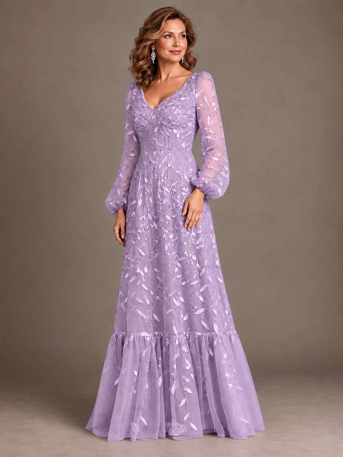 Floral Sequin Embroidered A-Line Mother of the Bride Dress with Long Sleeves